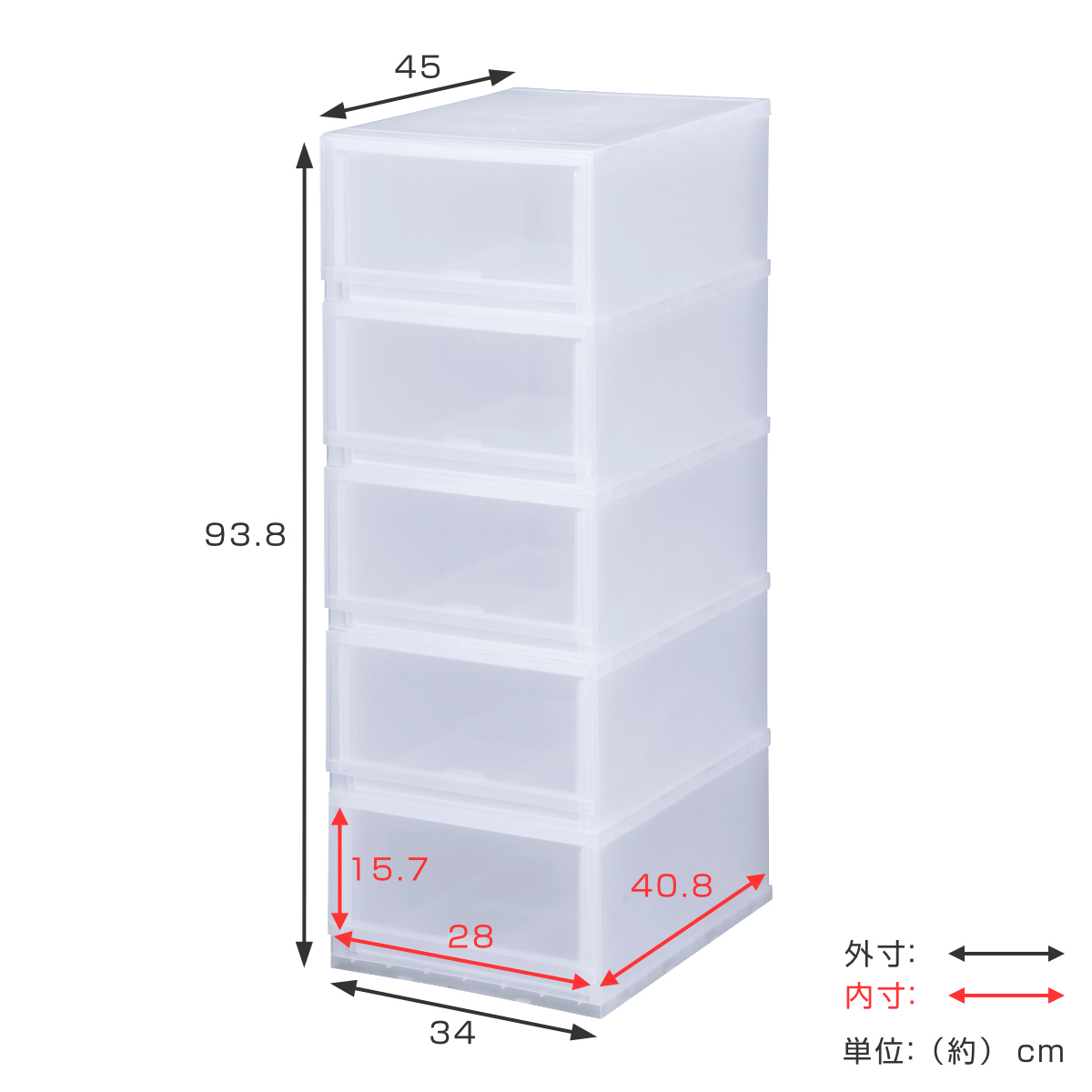 収納ケース プラスト 半透明タイプ 5段 幅34×高さ93.8cm FR3405 （ 収納ボックス 収納チェスト 引き出し プラスチック おもちゃ箱 クローゼット 収納 ）