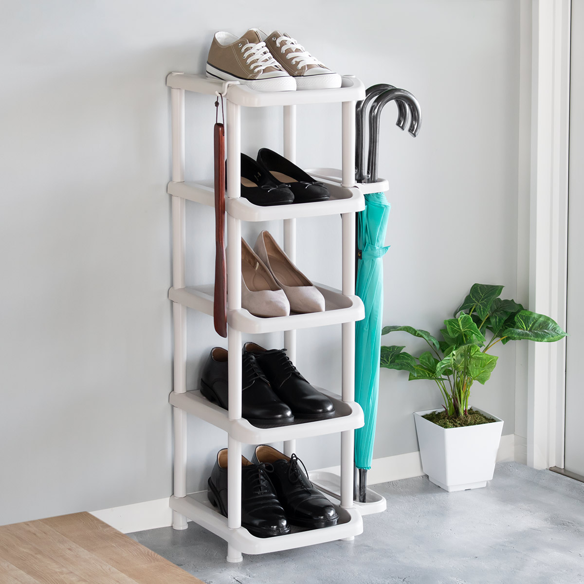 シューズラック 5段 傘立て付き （ シューズスタンド 靴収納 玄関 下駄