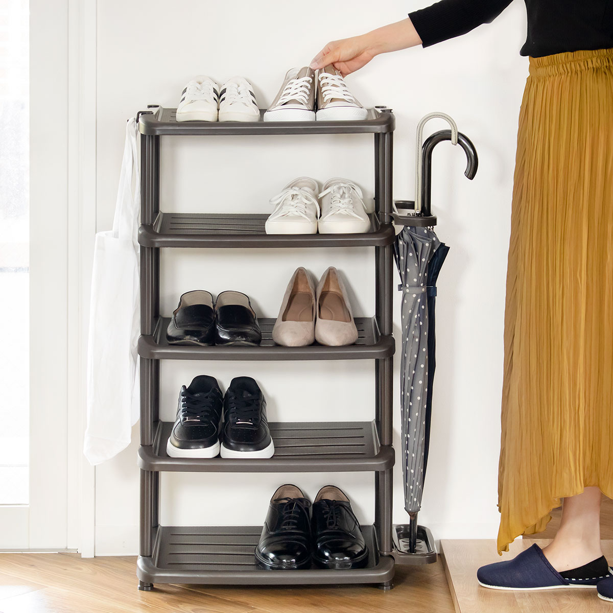 シューズラック 5段ワイドサイズ 傘立て付き （ シューズスタンド 靴