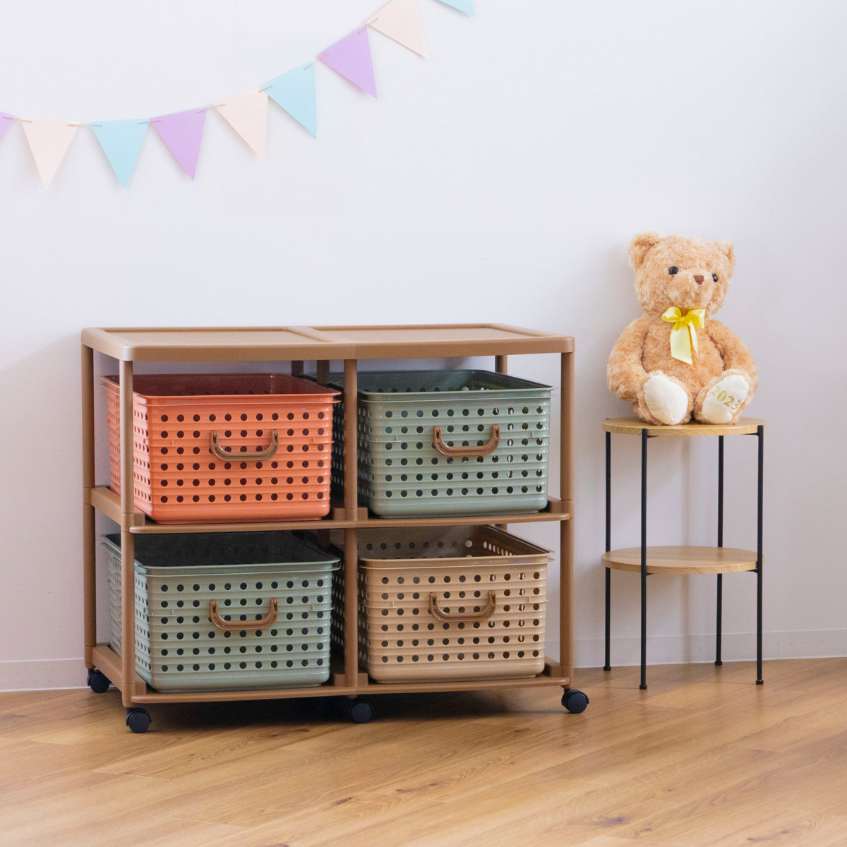 おもちゃ箱 幅87cm バスケットラック 2段 キャスター付き バスケット 4