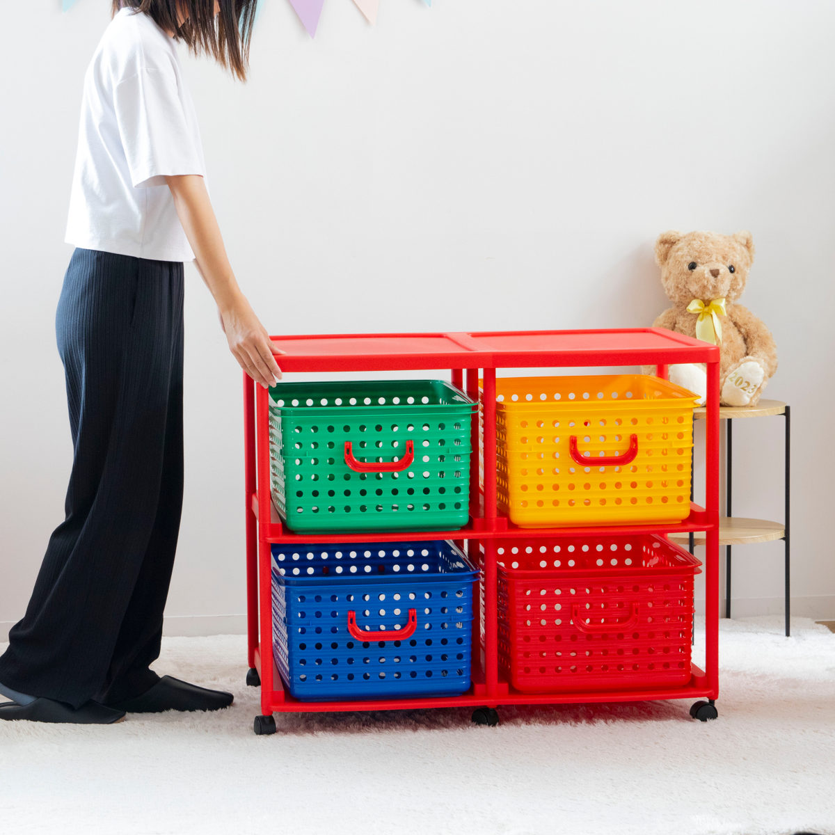 おもちゃ箱 幅87cm バスケットラック 2段 キャスター付き バスケット 4