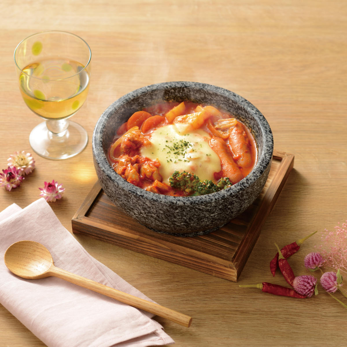 石焼ビビンバ鍋セット×5 直径18cm 和平フレイズ ビビンバ鍋 18cm 専用木台付き 味覚探訪 韓国編 石焼