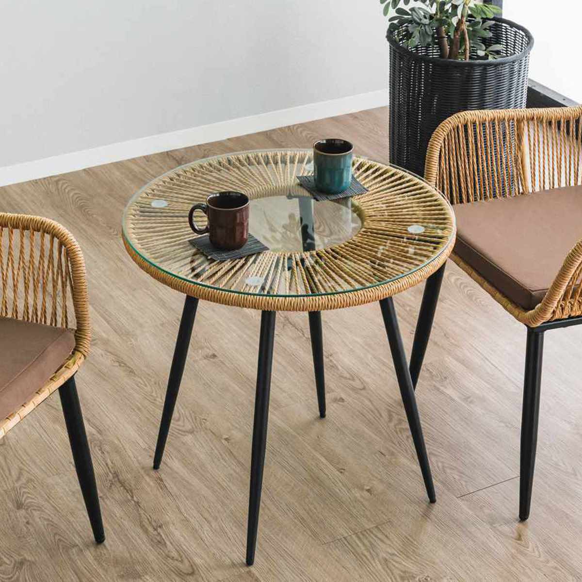 カフェテーブル 直径80cm ラタン調 ガラス マーレ （ テーブル