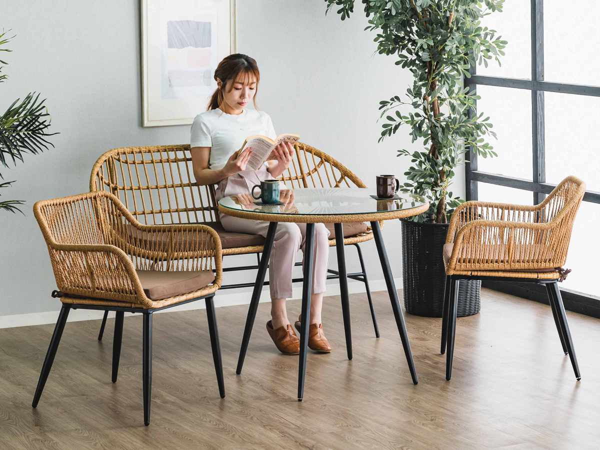 カフェテーブル 直径80cm ラタン調 ガラス マーレ （ テーブル