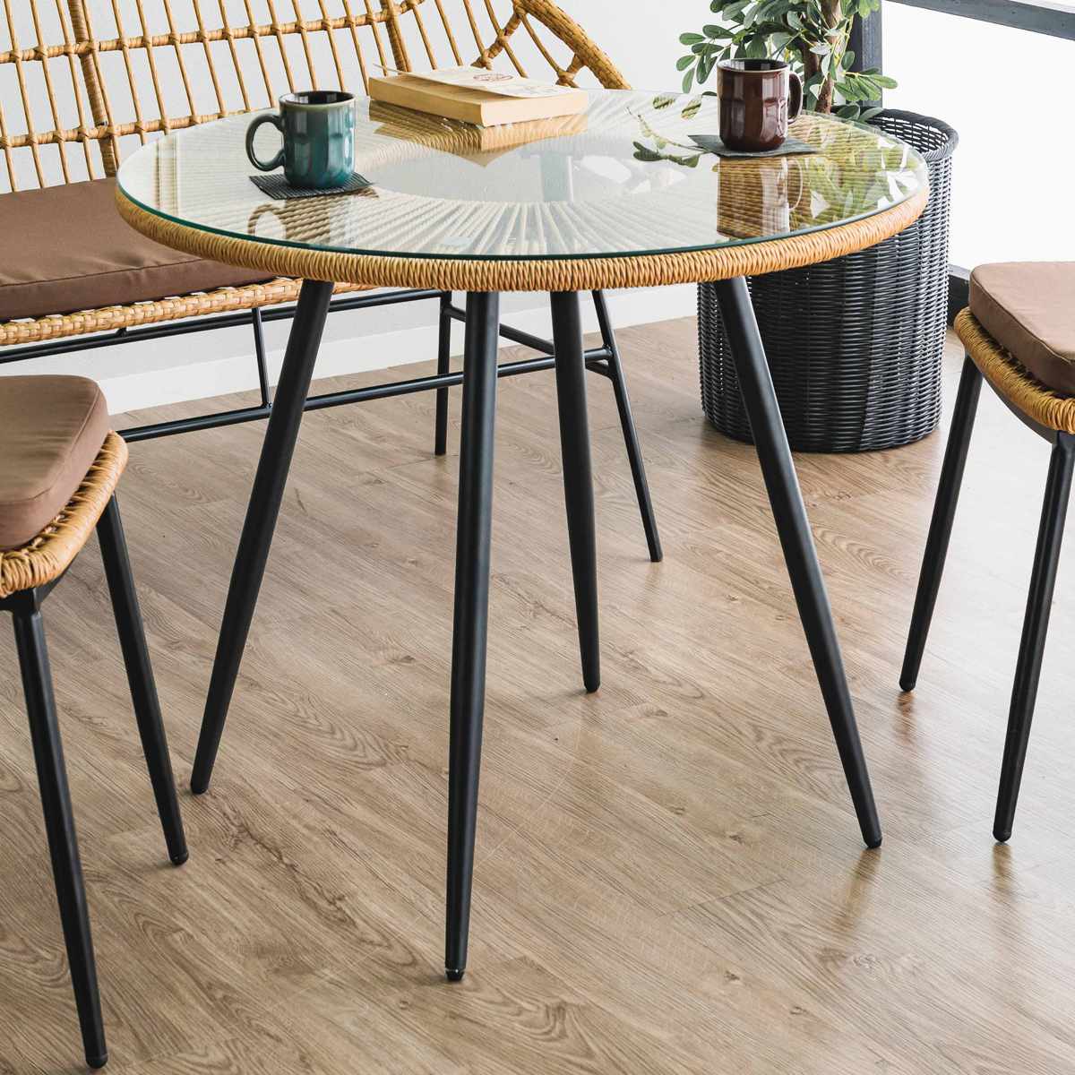 カフェテーブル 直径80cm ラタン調 ガラス マーレ （ テーブル