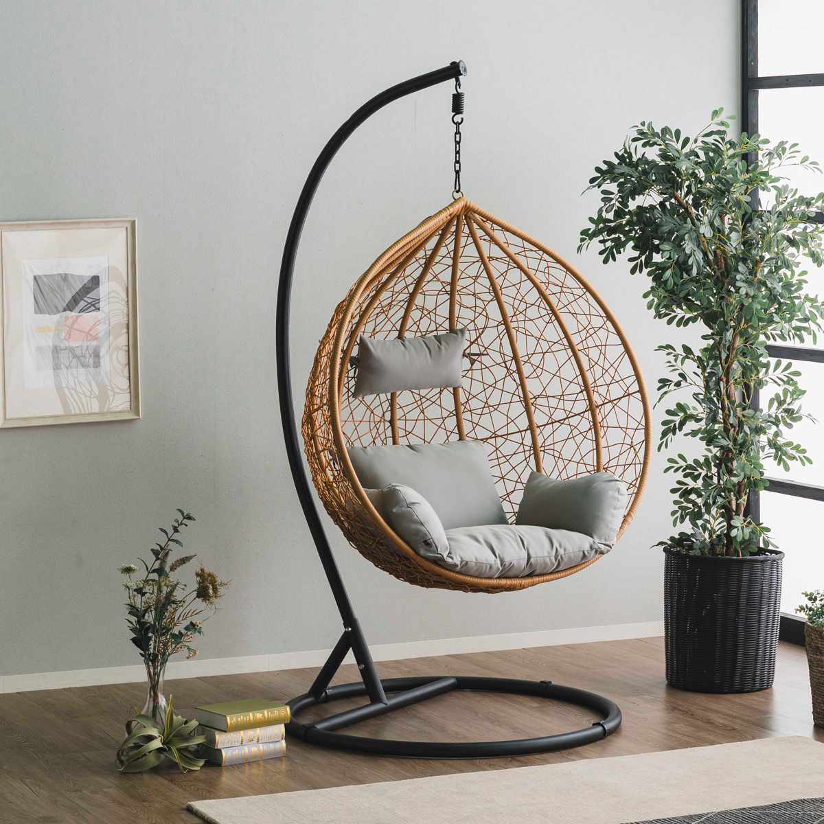 お人形や観葉植物、フェイク植物の入れ物に！ラタン製オーバル型吊り下げチェア ハンギングチェア（素材：籐、ラタン）｜椅子、スツール、座椅子｜家具