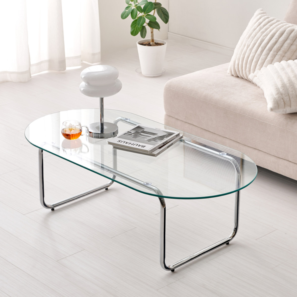 HAGiHARA（萩原） リビングテーブル 楕円 ガラス 幅120cm センター