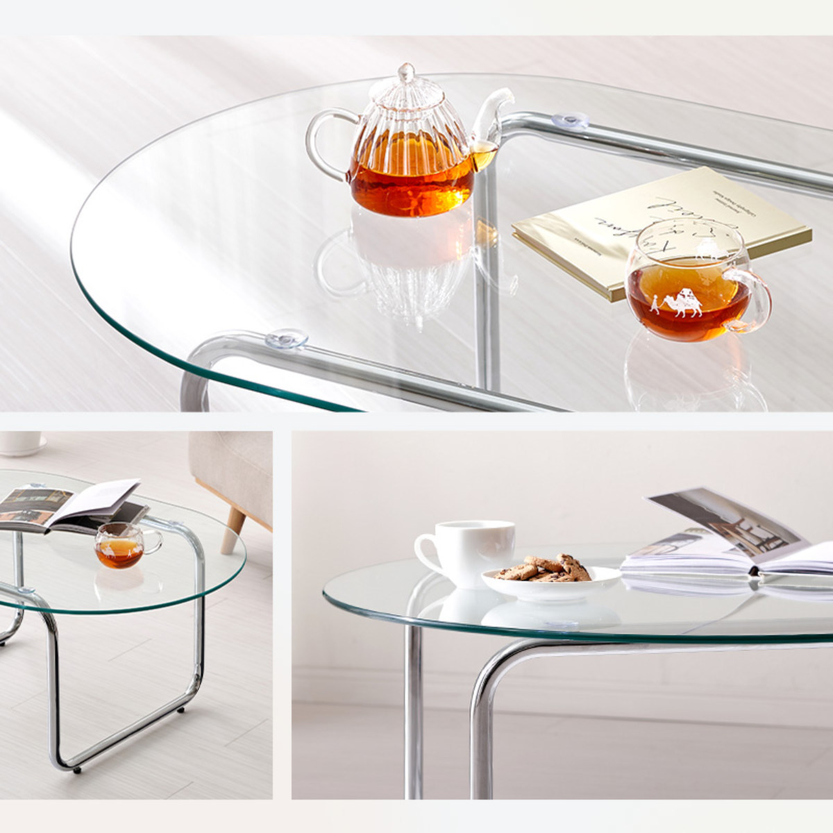 HAGiHARA（萩原） リビングテーブル 楕円 ガラス 幅120cm センター