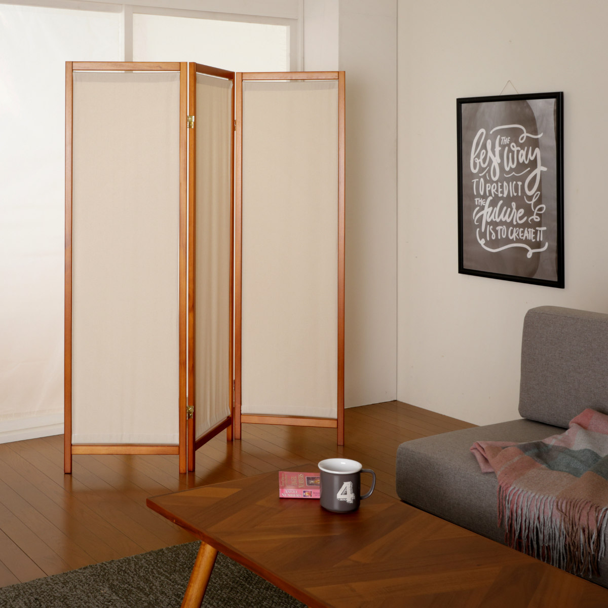 弘益 衝立 3連 高さ150cm 帆布 和風 天然木 完成品 （ パーテーション