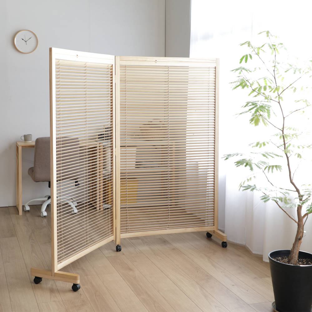 弘益 衝立 2連 高さ155cm 天然木 桐 折りたたみ ルーバタイプ 間仕切り