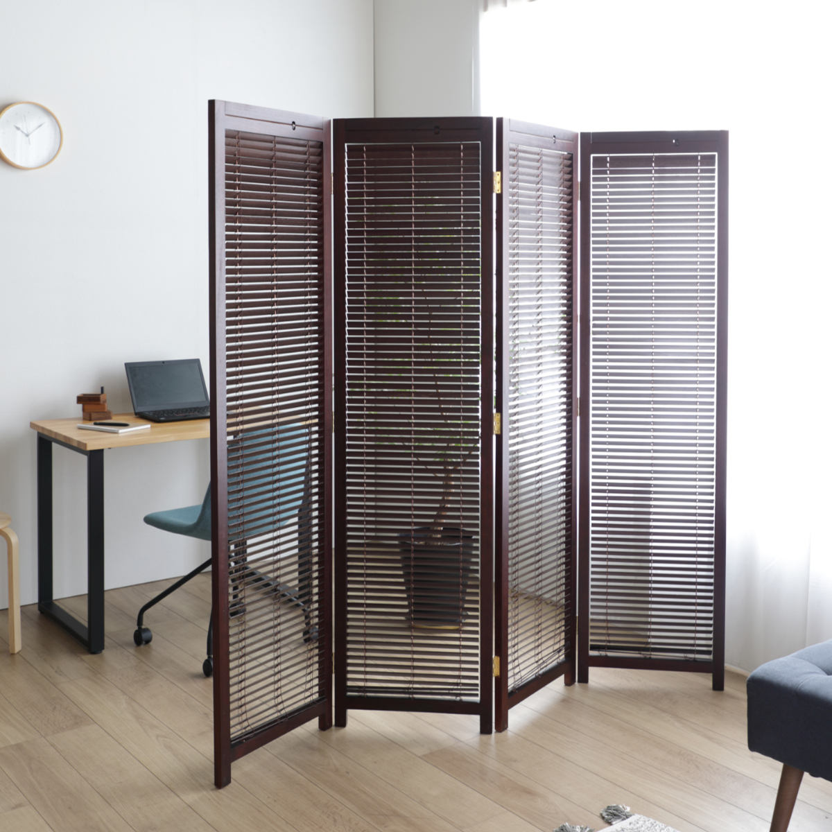 和　パーテーション　パーティション　仕切り　お茶 弘益 衝立 4連 高さ172cm ブラウン ルーバータイプ （ パーテーション