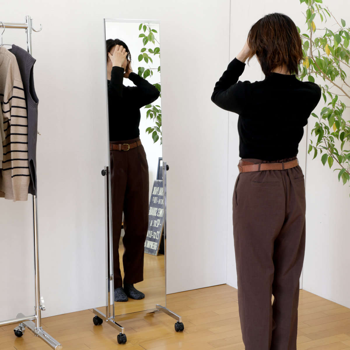 弘益 スタンドミラー 高さ147cm キャスター付き 飛散防止 角度調節
