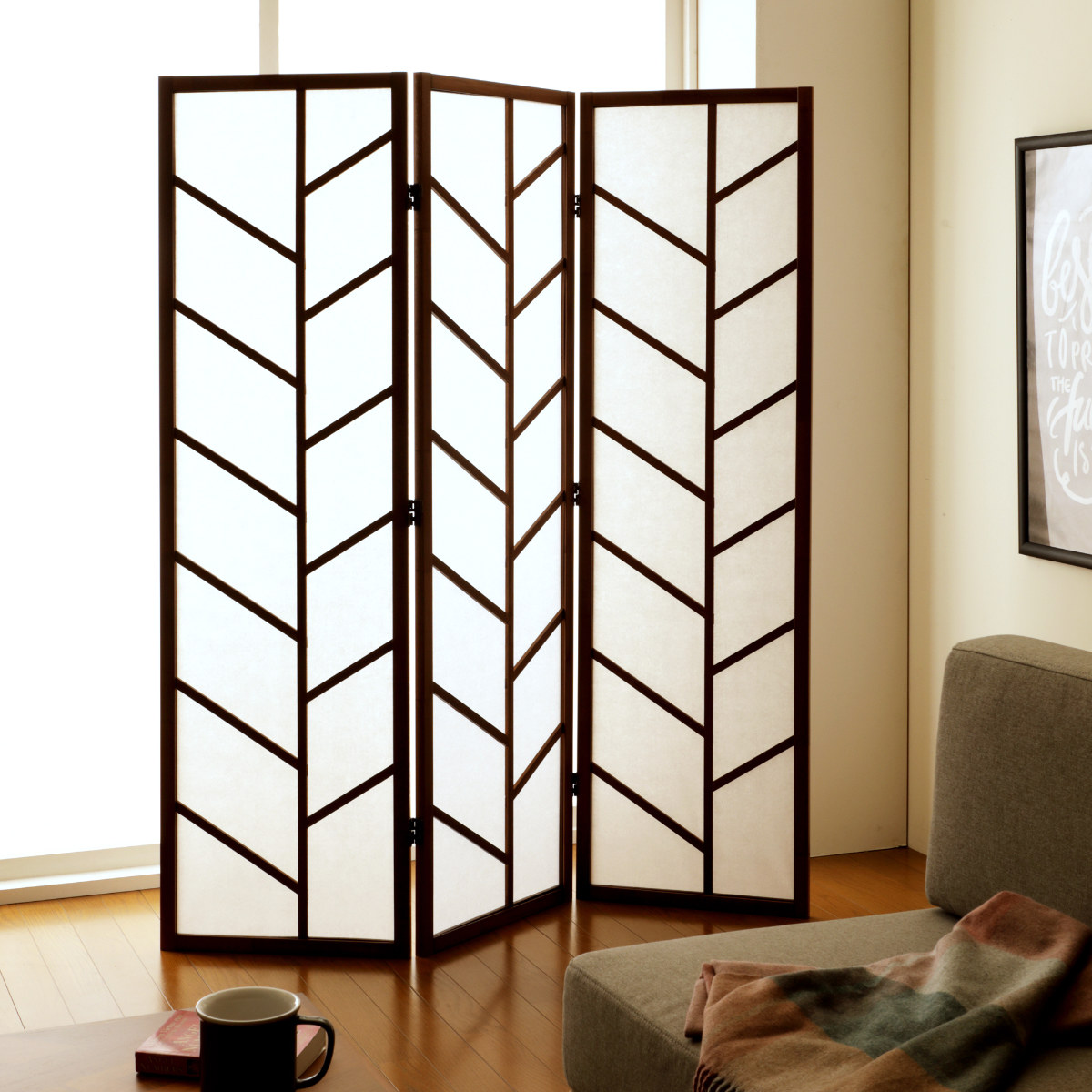 3連衝立 目隠し パーテーション 間仕切り インテリア 昭和レトロ 弘益 衝立 3連 ブラウン 高さ150cm 木製スクリーン （ パーテーション
