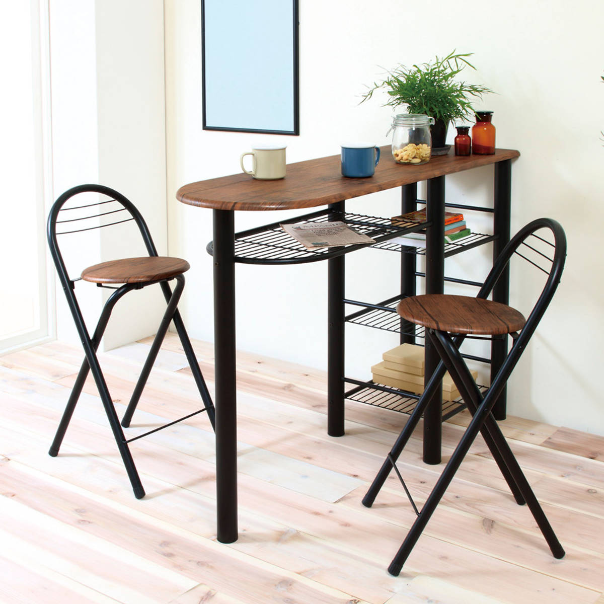 弘益 ハイテーブル 3点セット スチールフレーム ハイチェア2脚
