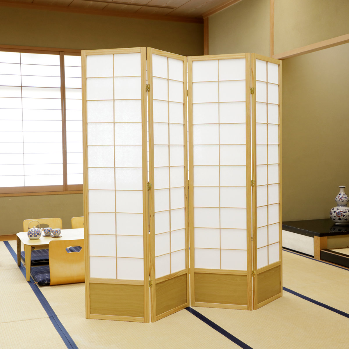 弘益 和風衝立 4連 折りたたみ 高さ180cm 天然木 完成品 不織布