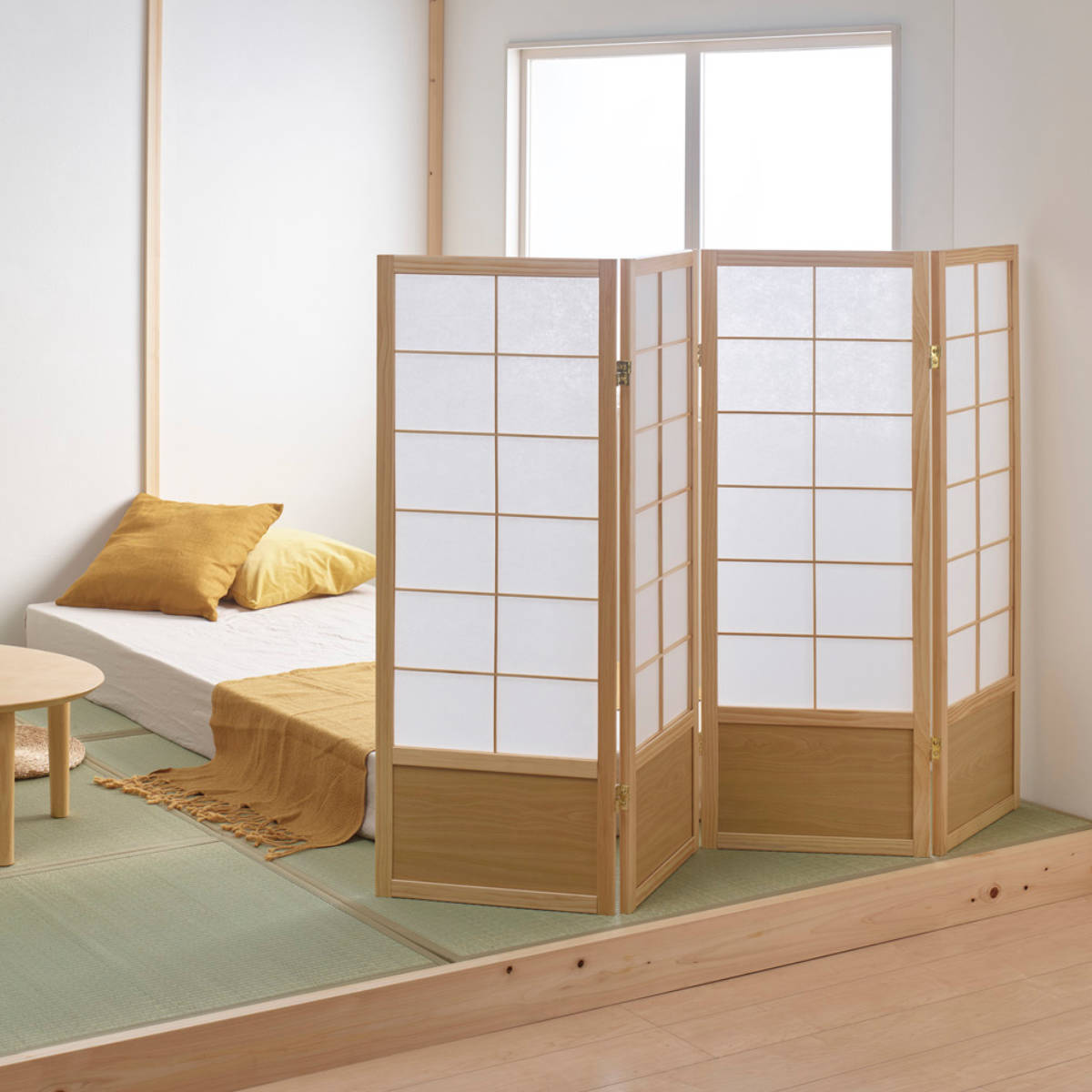 弘益 和風衝立 4連 折りたたみ 高さ120cm 天然木 完成品 不織布