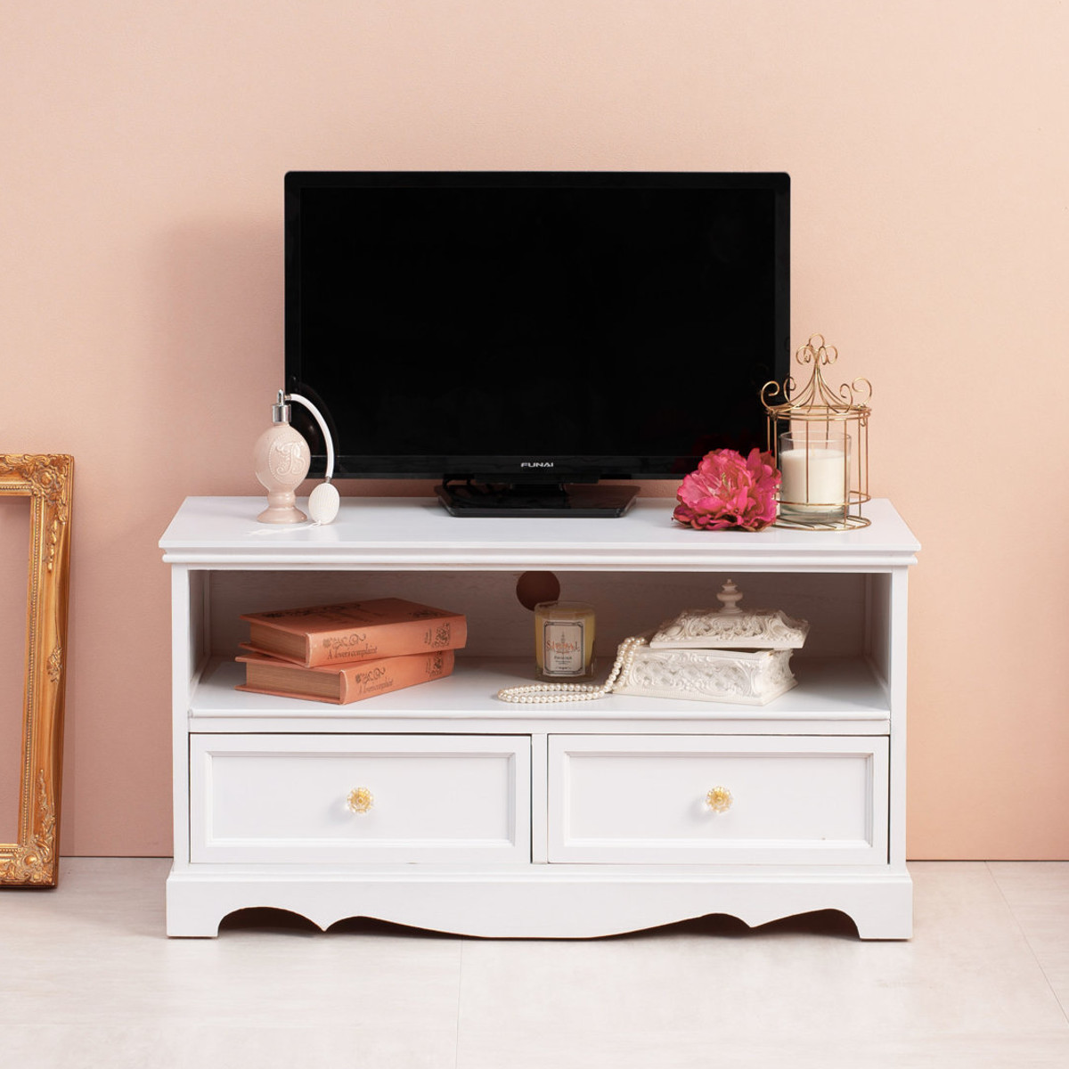 テレビ台 クリスタル調取っ手 引き出し 2杯 幅80cm （ 白家具 シャビー