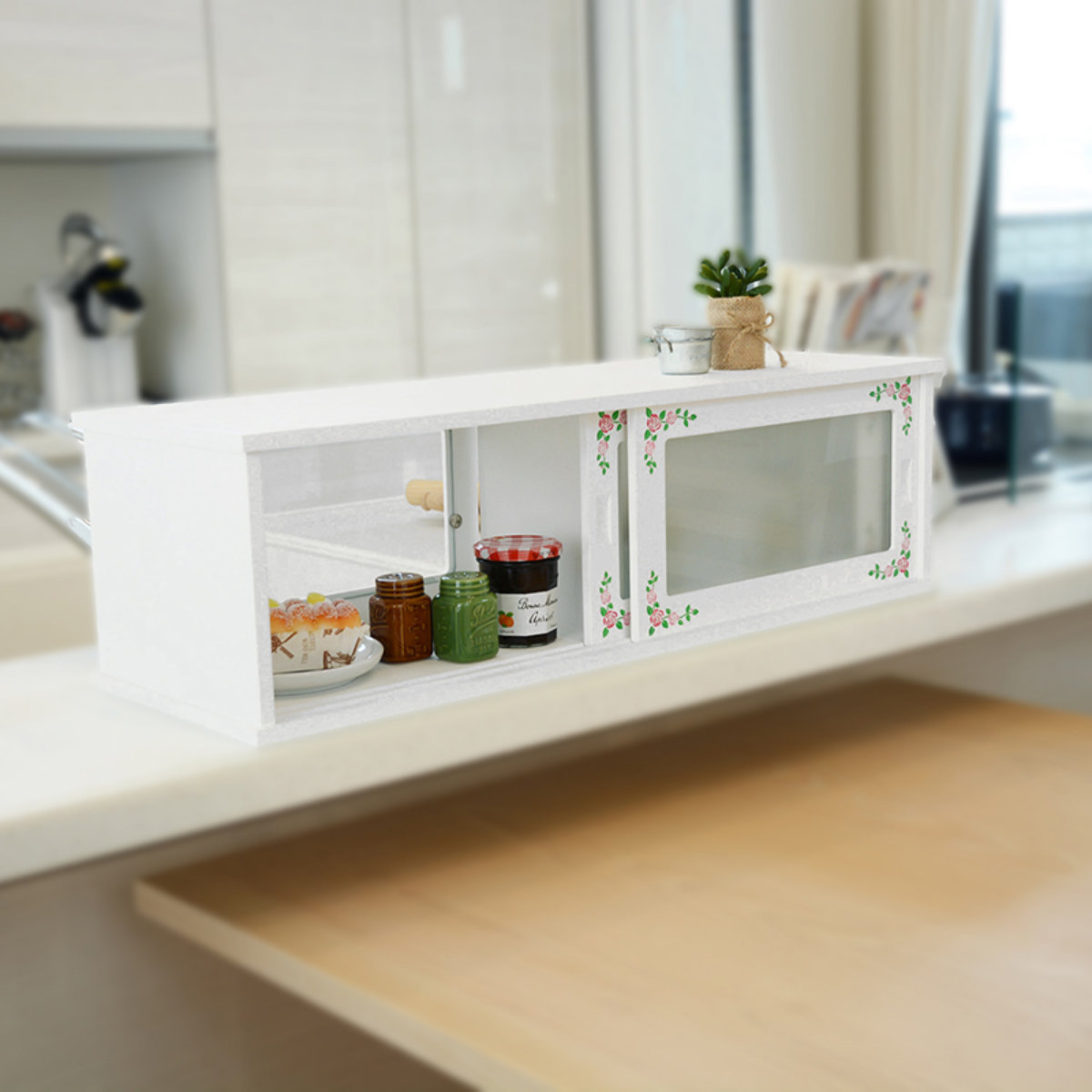 ガラスケース アンティーク調 カウンター上収納 花柄 幅50cm