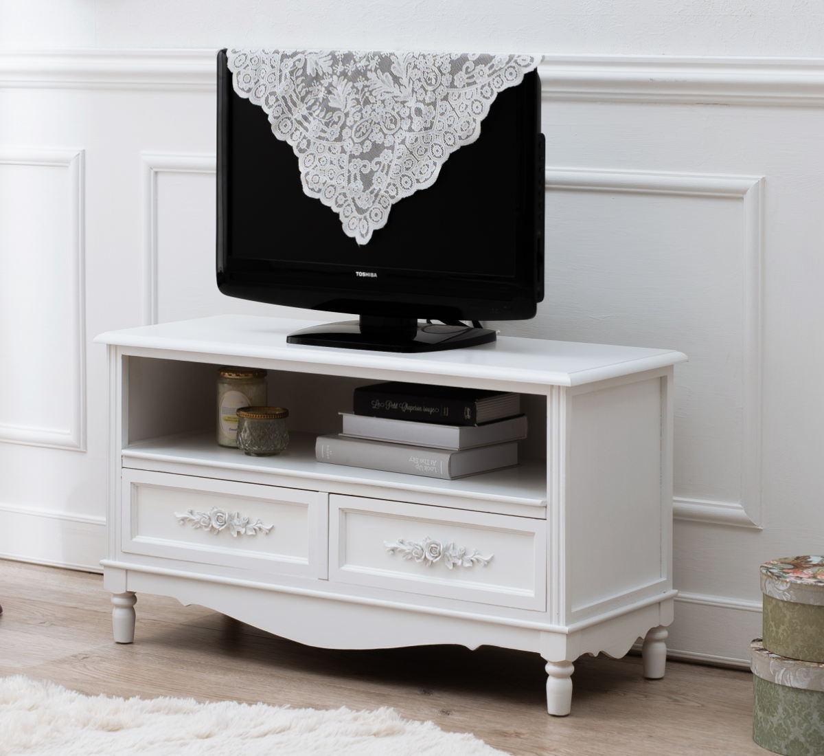 テレビ台 ウッドプロダクツ 引き出し 2杯 幅80cm 足付 ホワイト （ AV