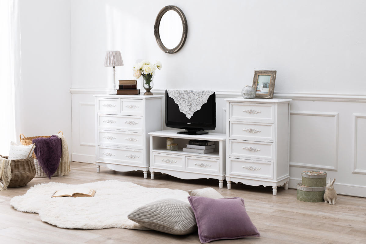 テレビ台 ウッドプロダクツ 引き出し 3杯 幅105cm 足付 ホワイト （ AV