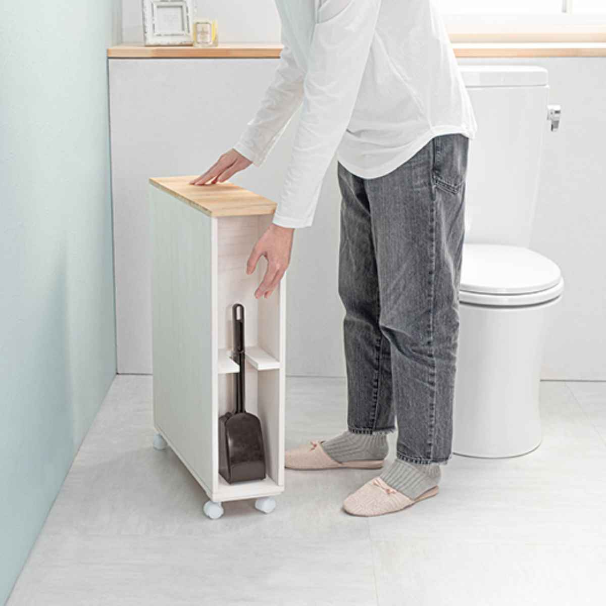 HAGiHARA（萩原） トイレラック 木製 引出し 3段 キャスター付 幅16cm