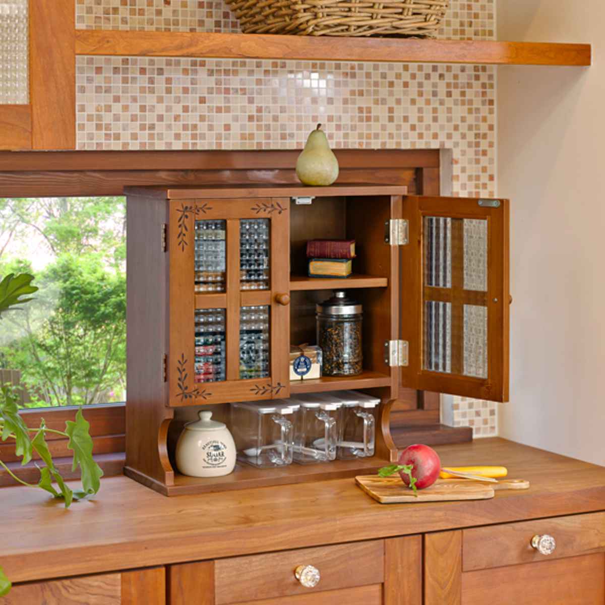 HAGiHARA（萩原） 調味料ラック 3段 開き戸 アンティーク調 キッチン