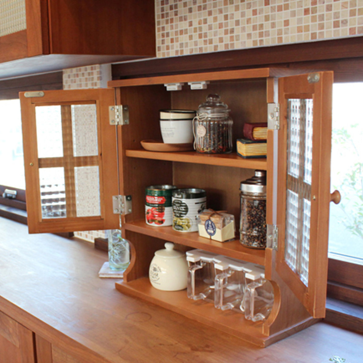 HAGiHARA（萩原） 調味料ラック 3段 開き戸 アンティーク調 キッチン