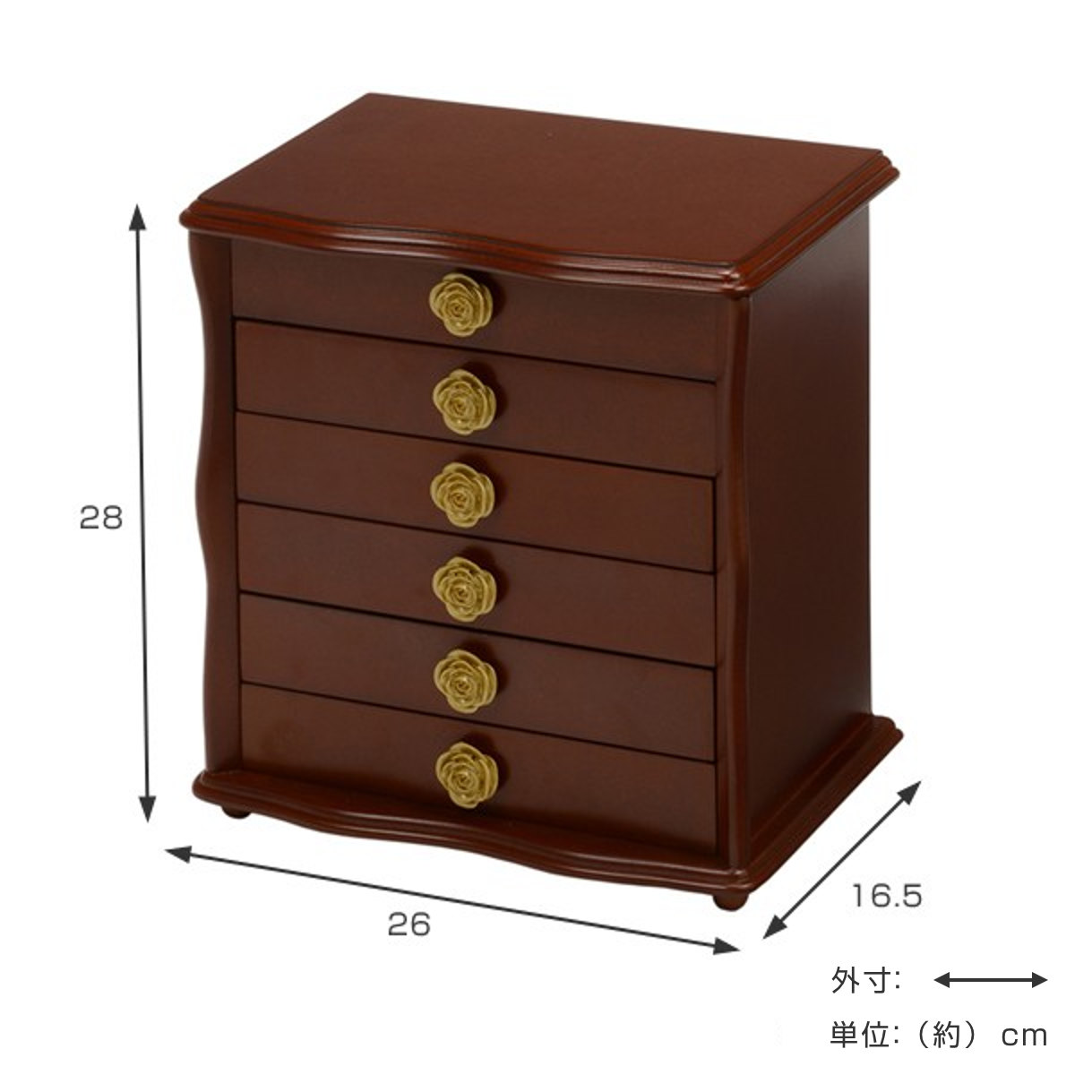 ジュエリーボックス 6段 ミラー付 花型取っ手 幅26cm （ アクセサリー