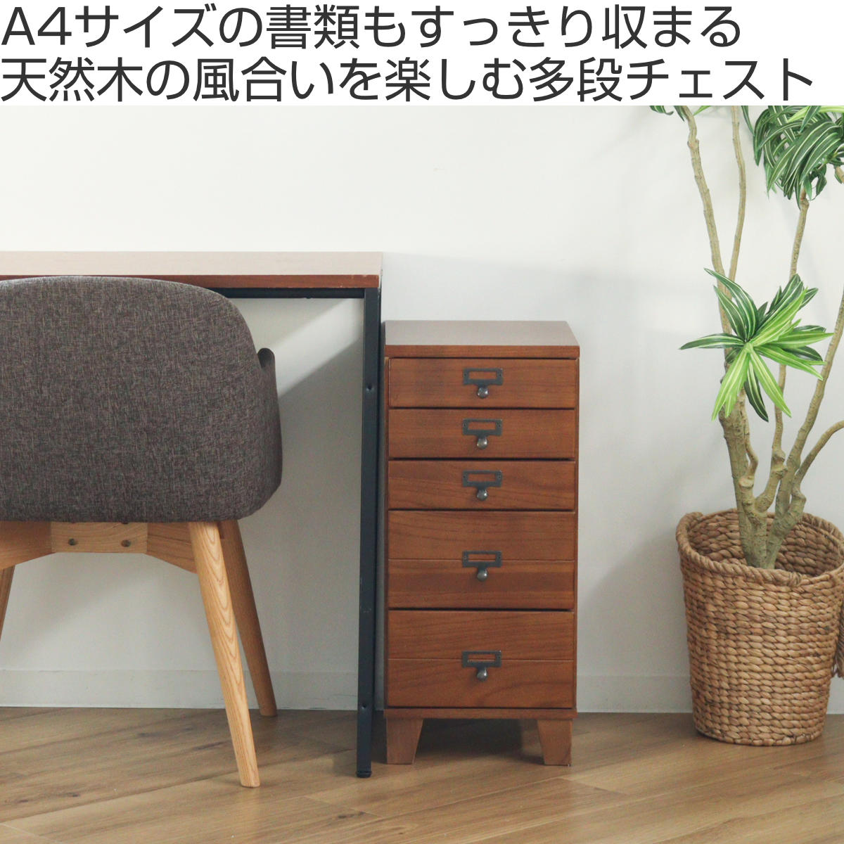 HAGiHARA（萩原） スリムチェスト 幅28cm 5段 天然木 完成品 A4対応
