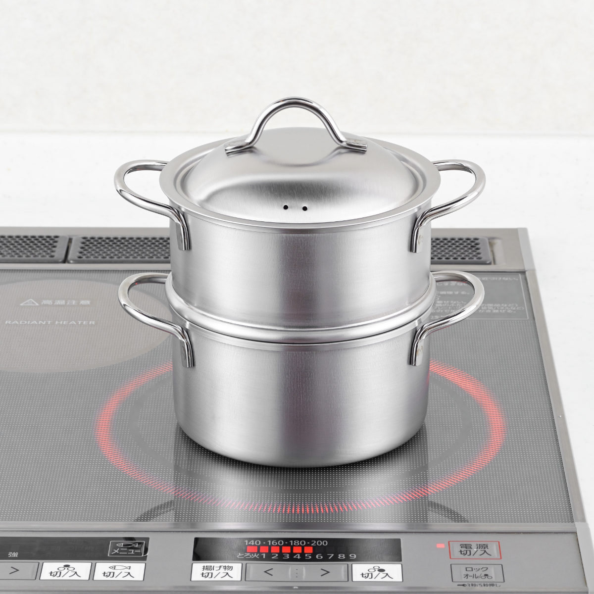 郷技 両手鍋 14cm IH対応 2段蒸し器付き ステンレス製 日本製 （ ガス