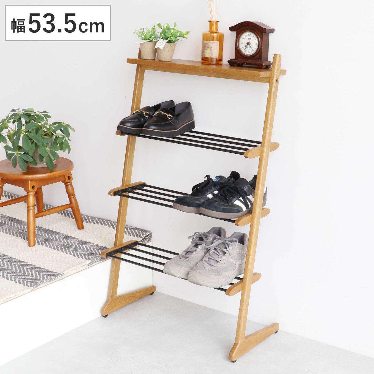 シューズラック Shoes Rack 木製 省スペース （ 靴 収納 ラック 下駄箱 靴箱 4段 オープンラック 玄関 コンパクト おしゃれ オーク 天然木 ）