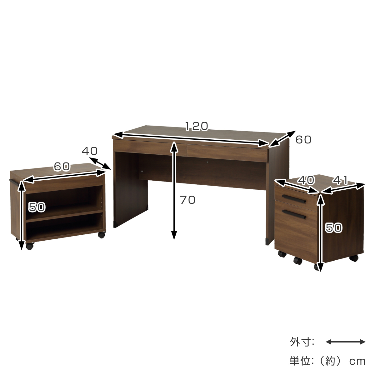 パソコンデスク 3点セット チェスト付き ラック付き クラッシー （ デスク 幅120cm チェスト ラック キャビネット デスクセット ユニットデスク 木目調 ）の画像