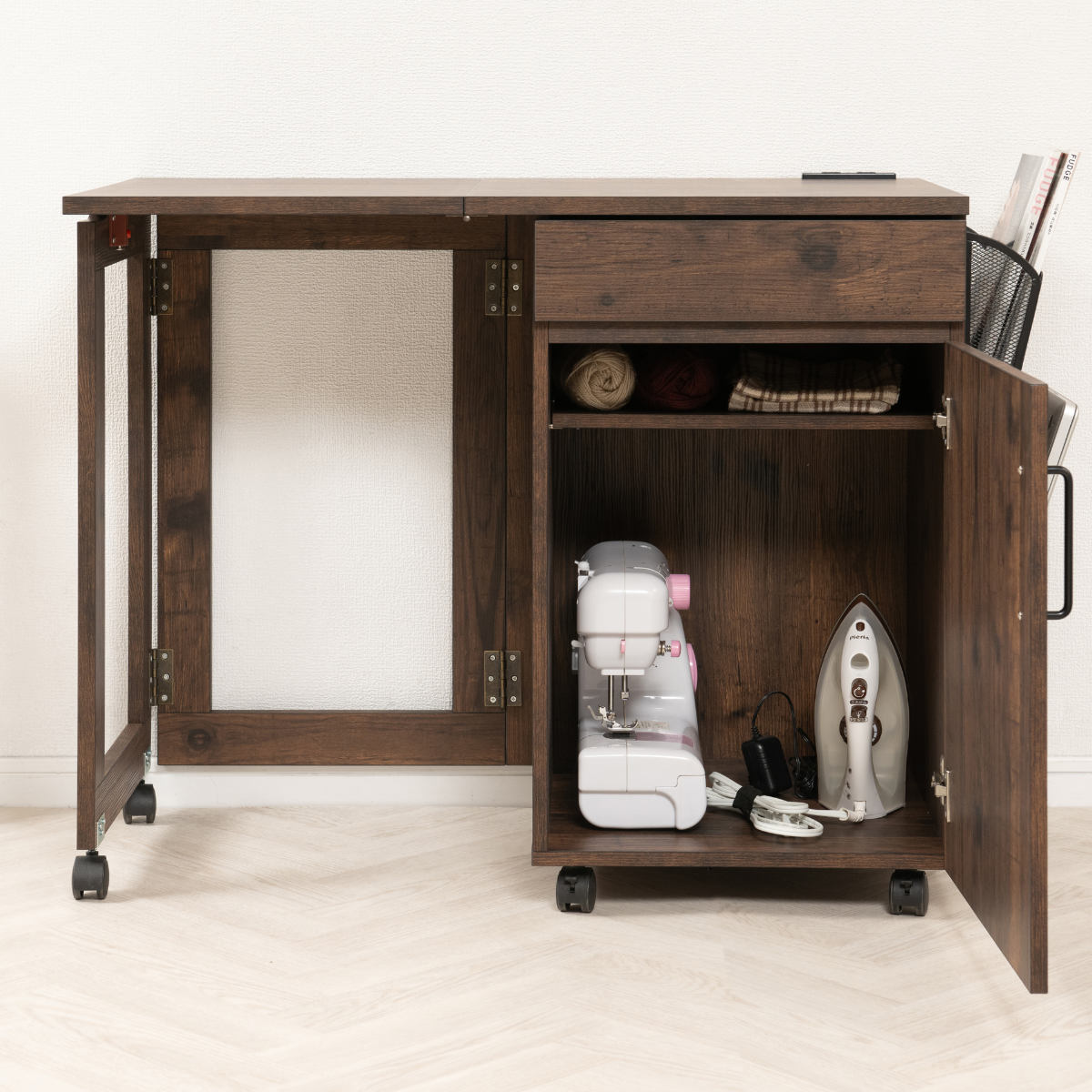 ミシン台 幅99cm 折りたたみ 2口コンセント付 キャスター付 （ 省