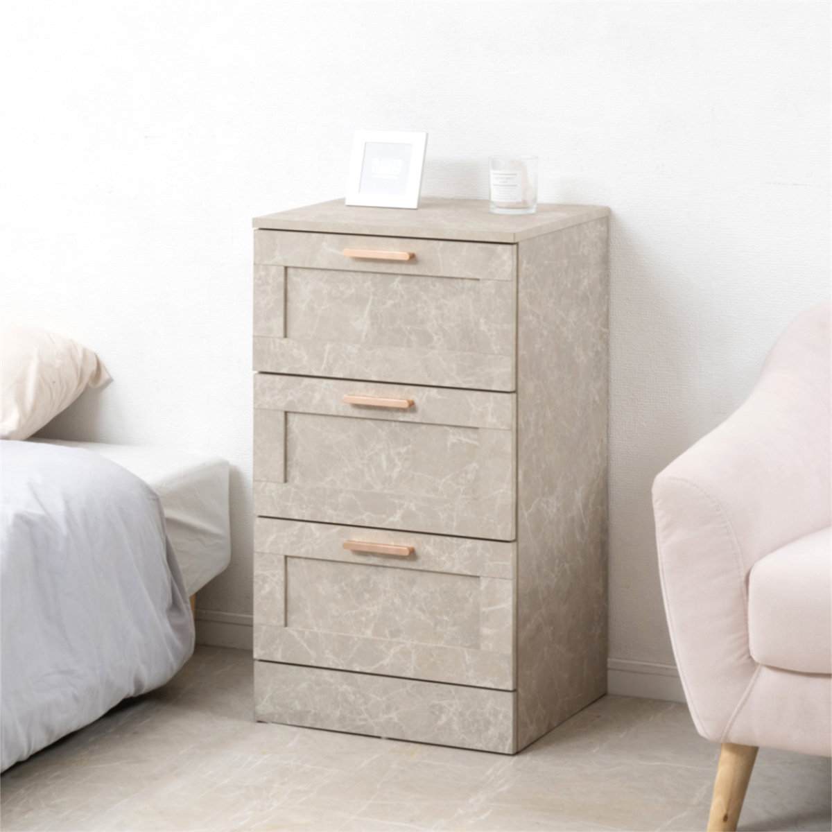 LED付き3段チェスト ベージュ 大理石調天板 チェスト 幅45.5cm 大理石調 引出し3段 （ 収納 衣類収納 引き出し