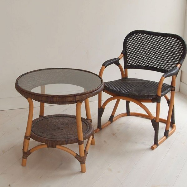 籐 ガラステーブル 丸型 ラタン家具 Handmade 直径55cm