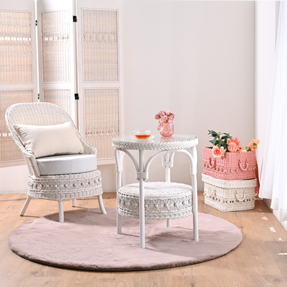 籐 スクリーン 3連 高さ160cm ラタン製 fiore （ 白家具 ラタン家具 姫