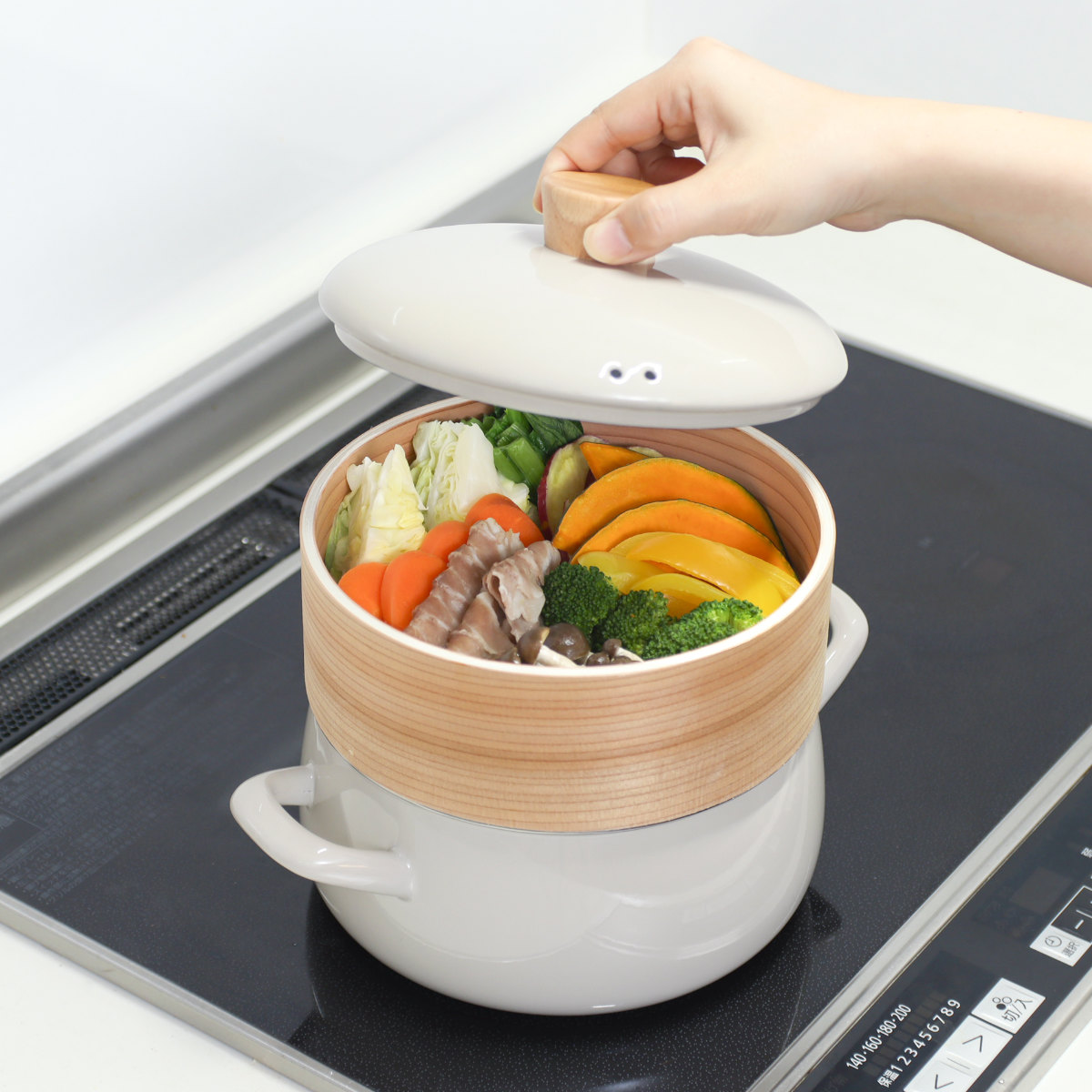 富士ホーロー 特典付き せいろ付きホーロー鍋 20cm IH対応 ホーロー蓋