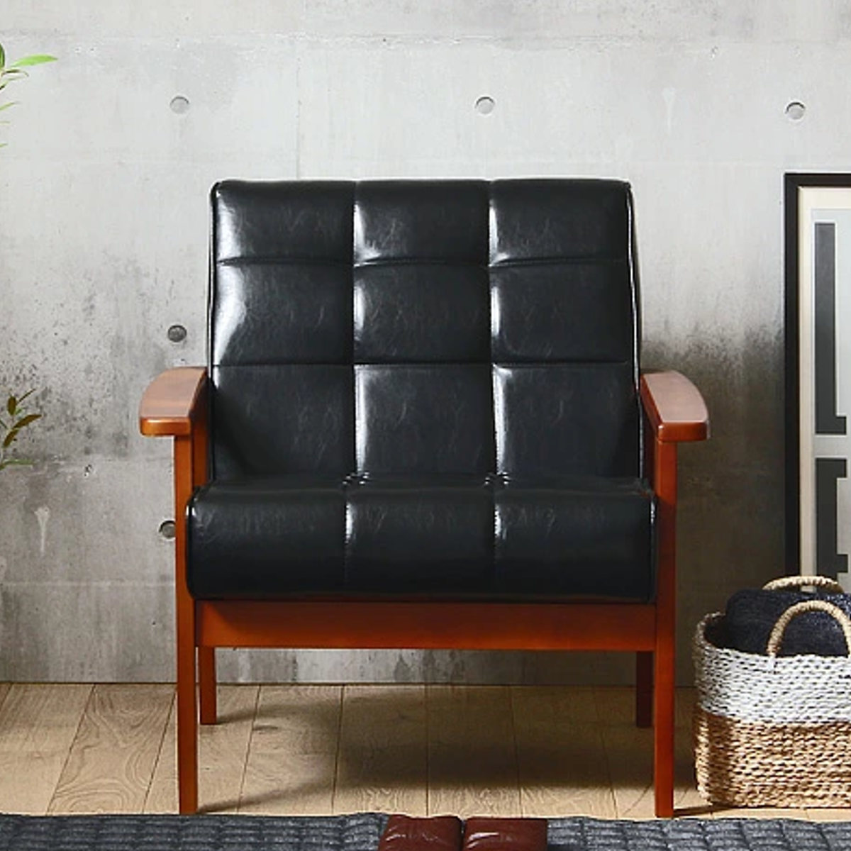 ミッドセンチュリー　ブラックレザー　1人掛けソファ　椅子 ミッドセンチュリー ブラックレザー 1人掛けソファ 椅子