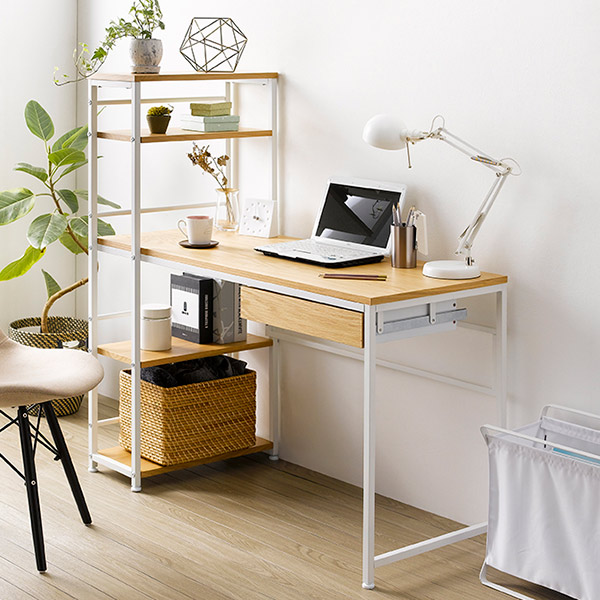 岩附 パソコンデスク 幅120cm ラック付 PCデスク 収納 デスク 木製