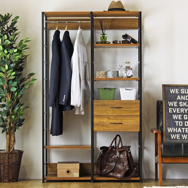 スチール製 ハンガーラック　コートハンガー ワードローブ レトロ ヴィンテージ ハンガーラック ワイド ヴィンテージ調 引出し付 スチール製 幅90cm