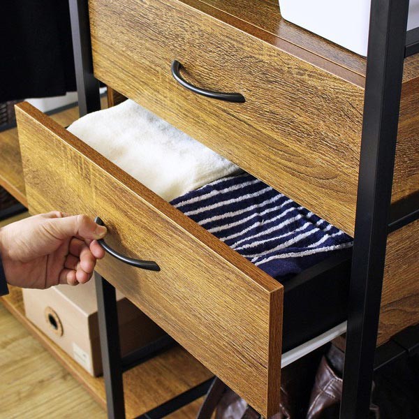 ハンガーラック ワイド ヴィンテージ調 引出し付 スチール製 幅90cm