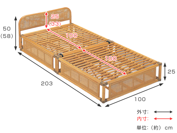 籐 シングルベッド 軽量 2分割 ラタンフレーム （ 家具 ベッド 籐家具 ラタン家具 寝具 ベッドフレーム ） : 4945052190209