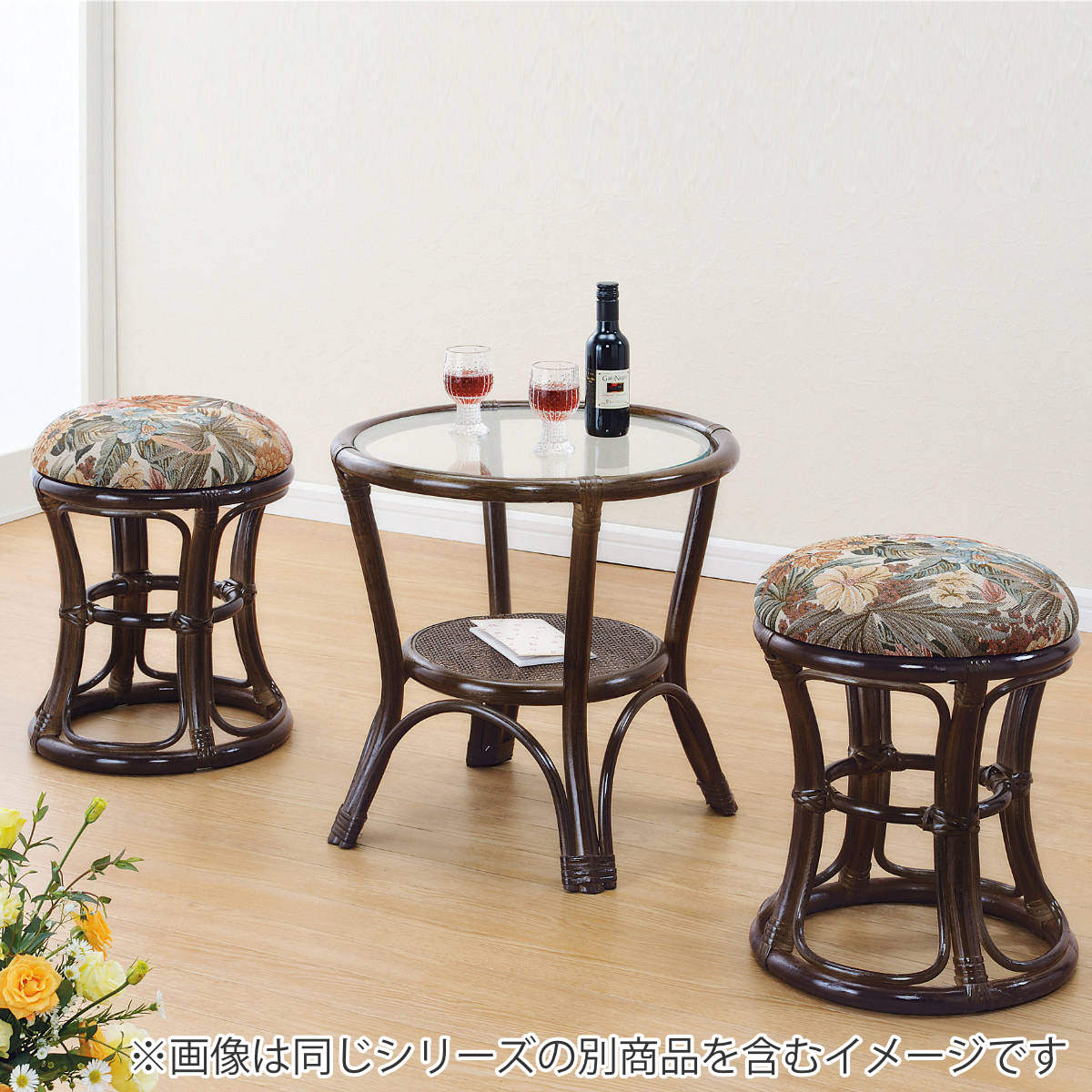 今枝商店 籐 円型テーブル ガラス天板 棚付 直径45cm （ カフェ