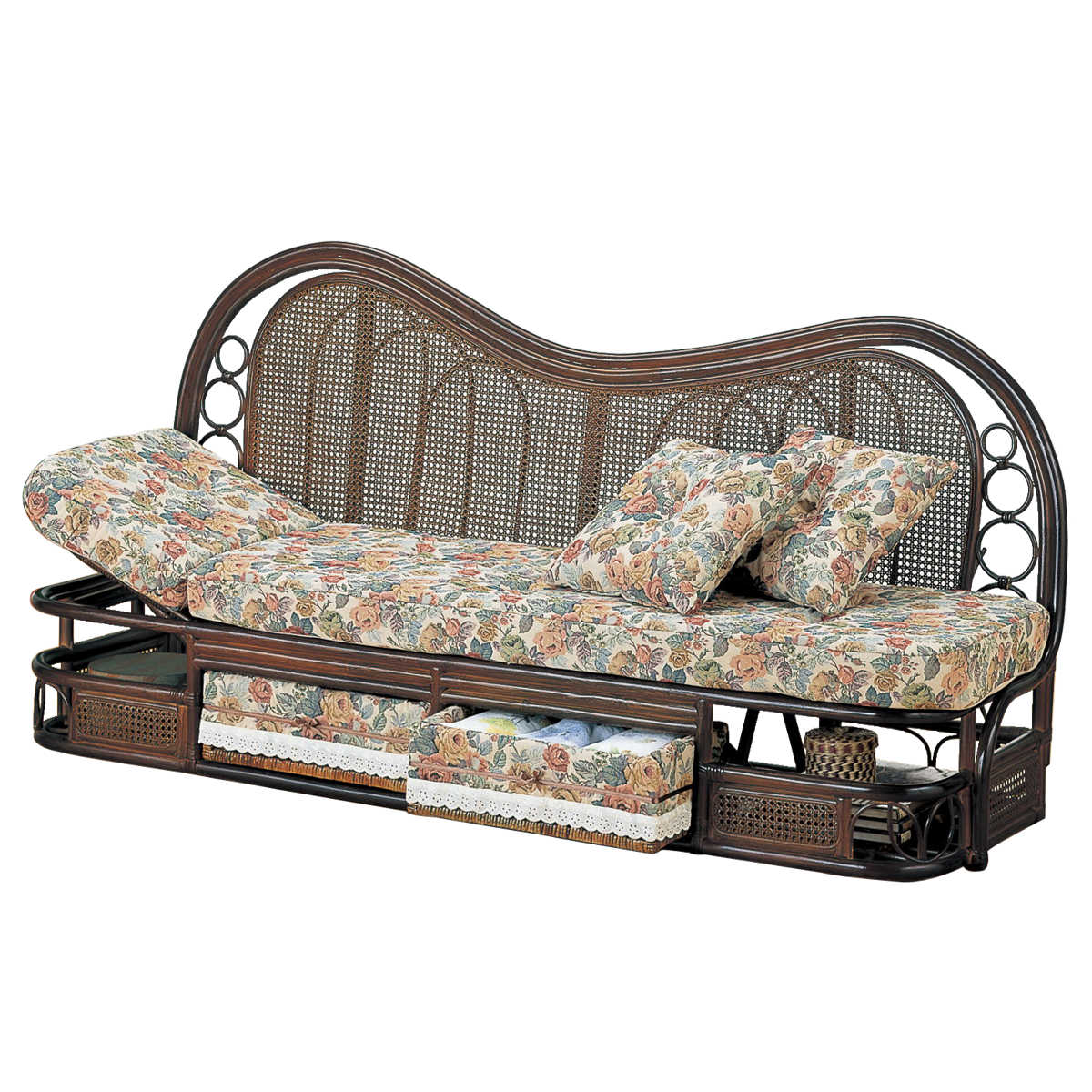 今枝商店 籐 カウチソファ リクライニング 引出し付 幅185cm （ 家具