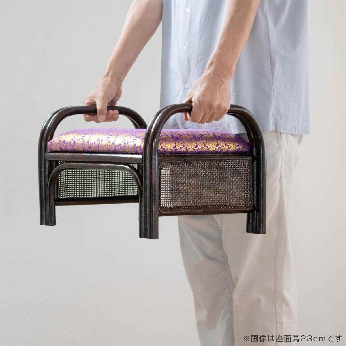 ラタン座椅子 座面高31cm 金襴張り 紫 仏壇用 （ 座椅子 仏前 イス