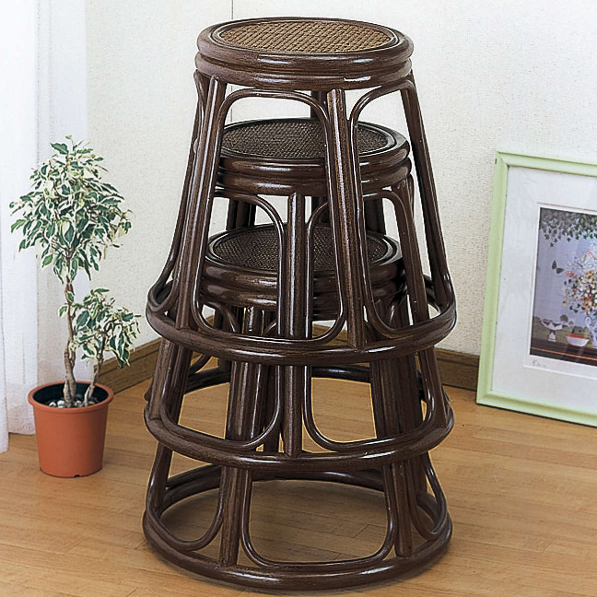 籐製スツール3点セット 今枝商店 籐 スツール 3個組 円型 スタッキング 高さ42cm