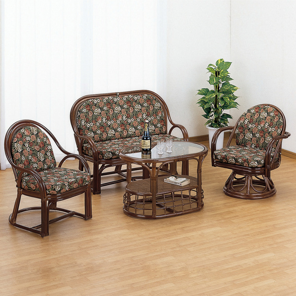 籐 アームチェア・回転座椅子・ソファ・テーブル リビング4点セット （ ラタン家具 リビングテーブルセット チェア ソファ 完成品 ）