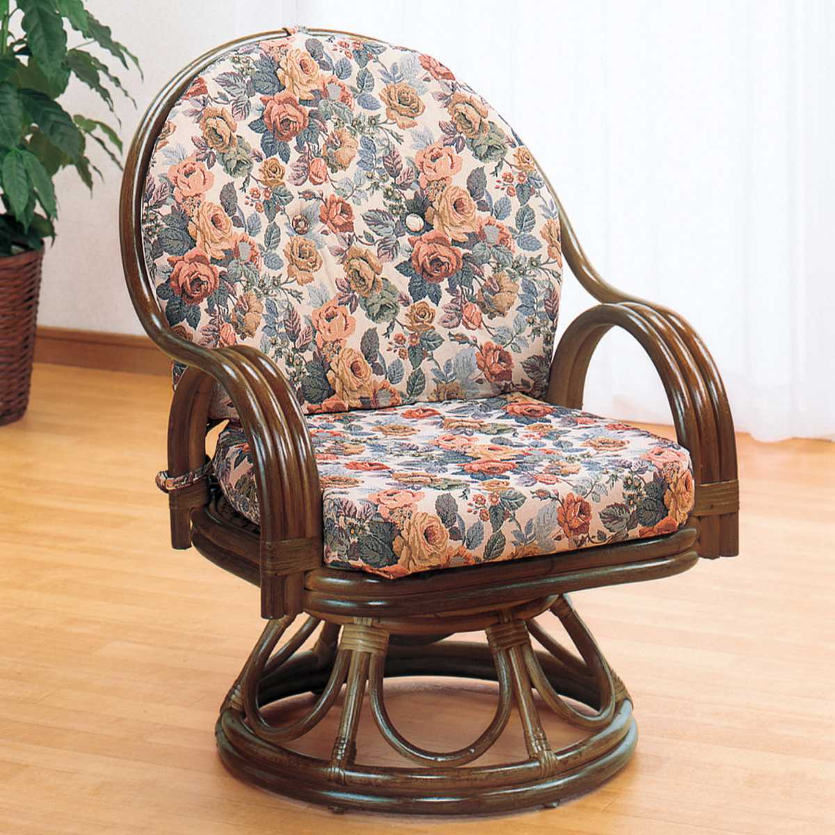回転座椅子 ラタンチェア 籐家具 座面高35cm （ 回転式 背もたれ付き