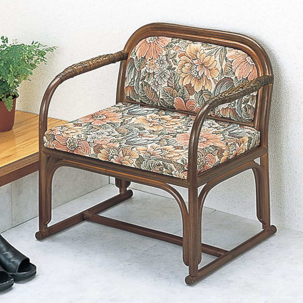 籐 座椅子 ひじ掛け付 ジャガードクッション 座面高32cm （ 正座椅子