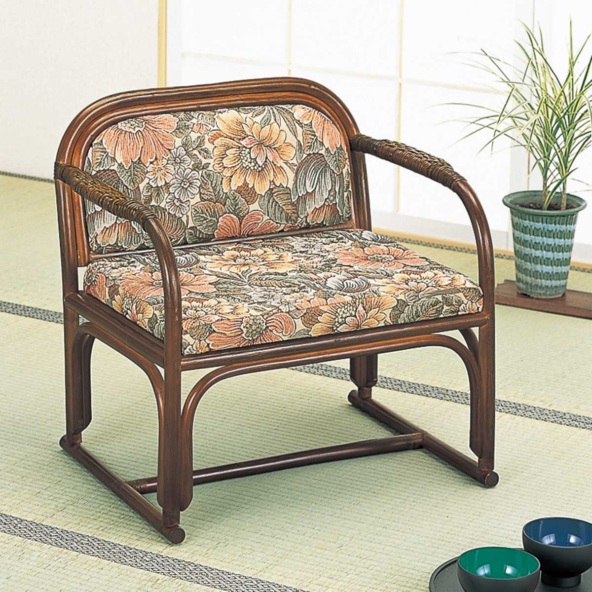 今枝商店 籐 座椅子 ひじ掛け付 ジャガードクッション 座面高32cm